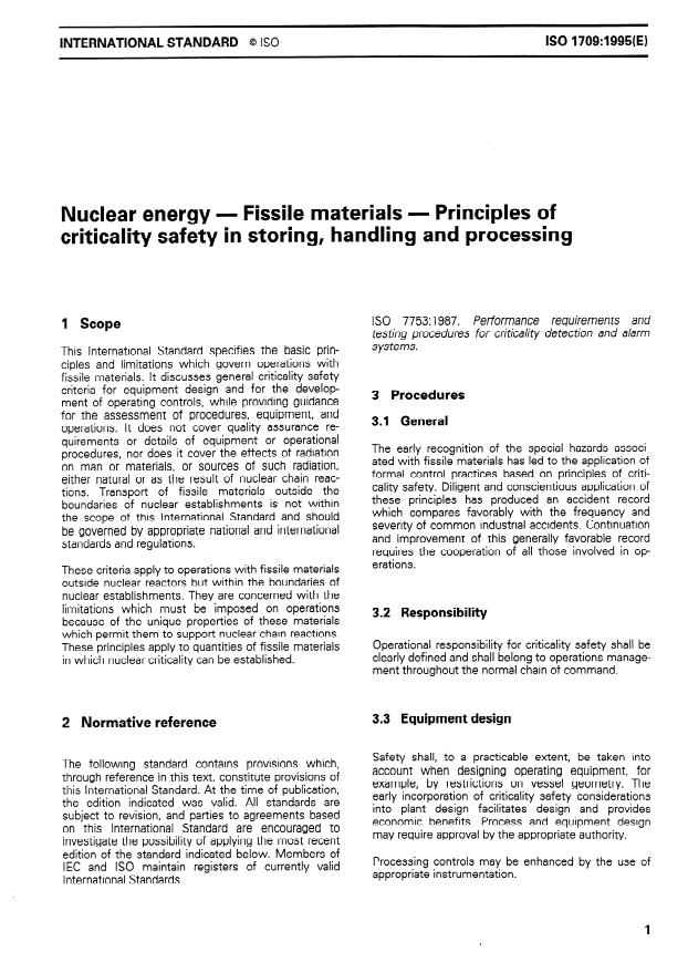 ISO 1709:1995 - Nuclear energy -- Fissile materials -- Principles of criticality safety in storing, handling and processing