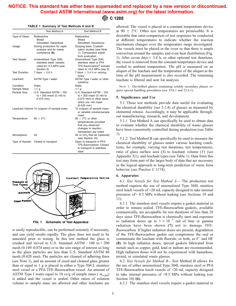 ASTM C1285-97 - Standard Test Methods for Determining Chemical Durability of Nuclear, Hazardous, and Mixed Waste Glasses: The Product Consistency Test (PCT)