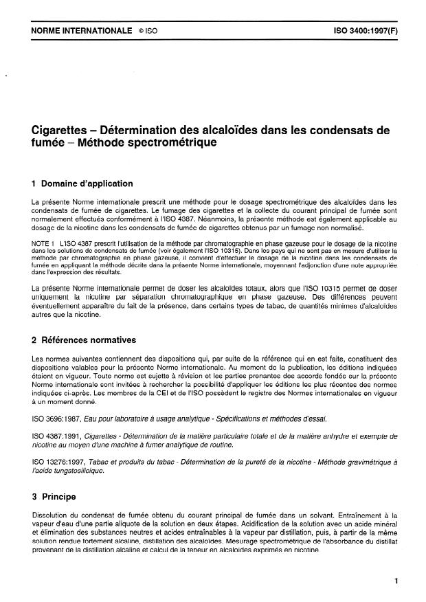 ISO 3400:1997 - Cigarettes -- Détermination des alcaloides dans les condensats de fumée -- Méthode spectrométrique