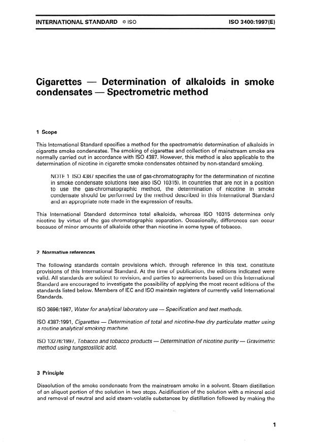 ISO 3400:1997 - Cigarettes -- Determination of alkaloids in smoke condensates -- Spectrometric method