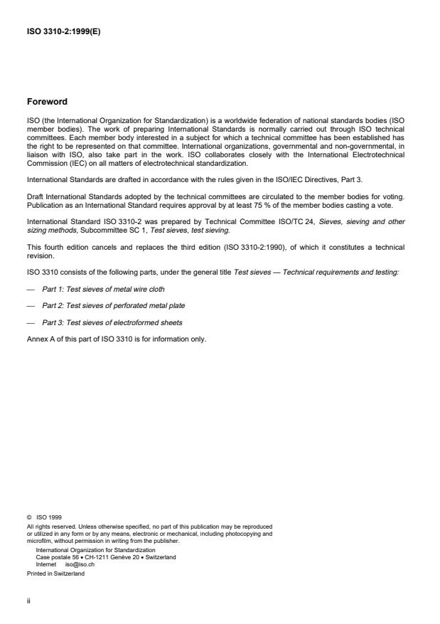 ISO 3310-2:1999 ISO 3310-2:1999 - Test sieves -- Technical requirements and testing - Page 2 preview