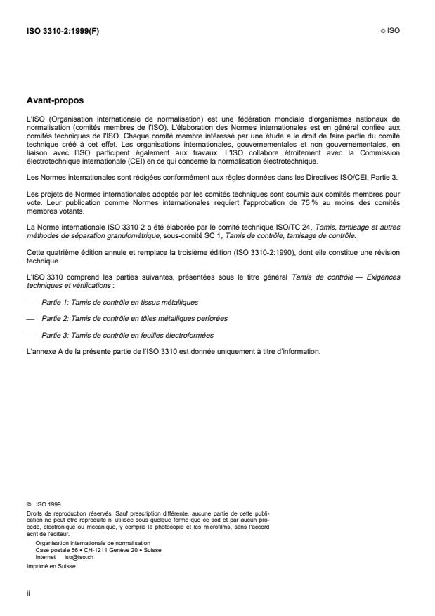 ISO 3310-2:1999 ISO 3310-2:1999 - Tamis de contrôle -- Exigences techniques et vérifications - Page 2 preview