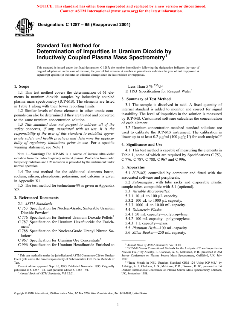 ASTM C1287-95(2001) - Standard Test Method for Determination of Impurities in Uranium Dioxide by Inductively Coupled Plasma Mass Spectrometry