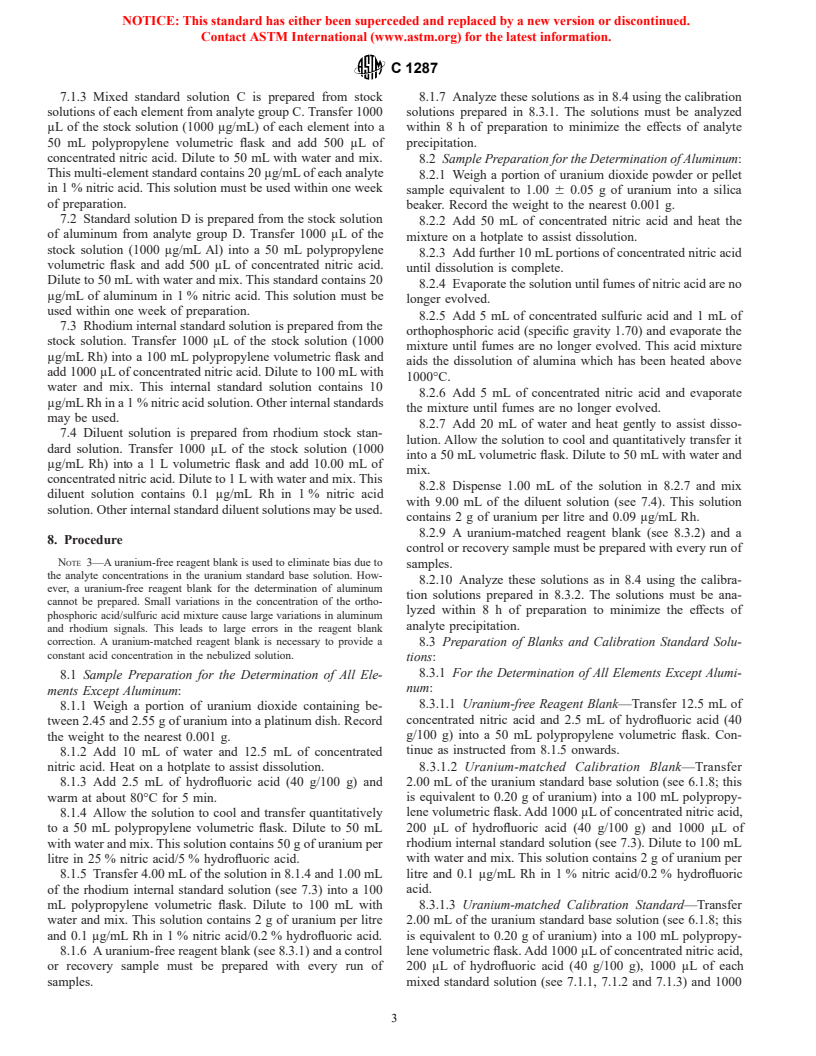 ASTM C1287-95(2001) - Standard Test Method for Determination of Impurities in Uranium Dioxide by Inductively Coupled Plasma Mass Spectrometry