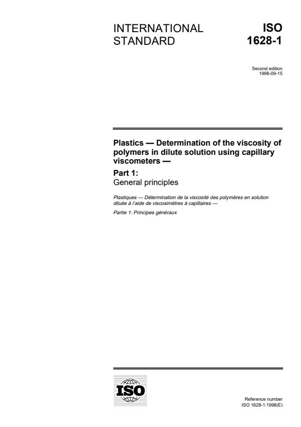 ISO 1628-1:1998 - Plastics -- Determination of the viscosity of polymers in dilute solution using capillary viscometers
