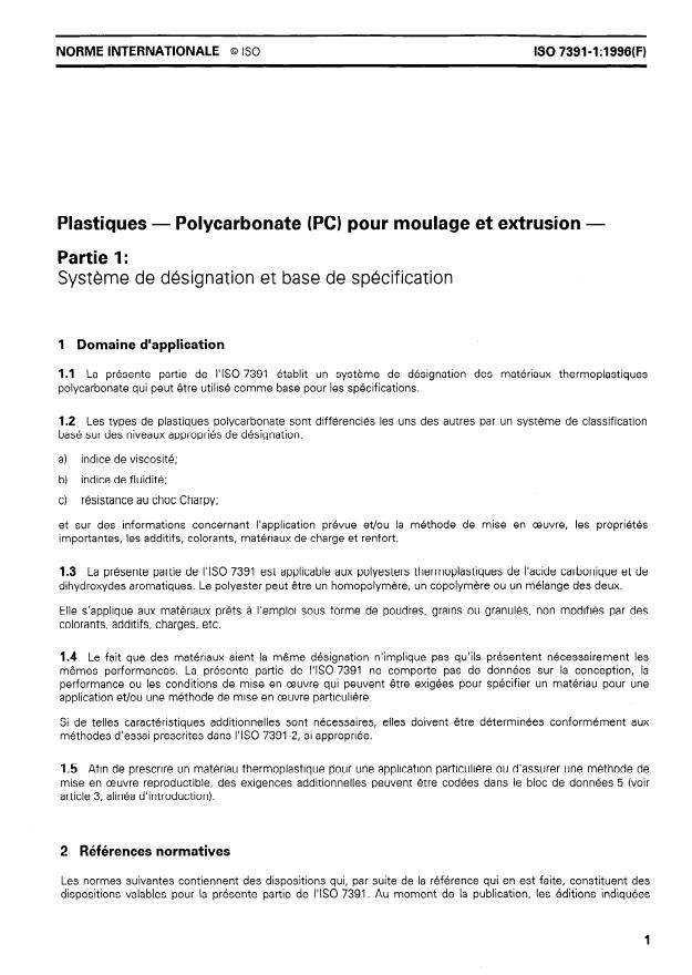 ISO 7391-1:1996 - Plastiques -- Polycarbonate (PC) pour moulage et extrusion
