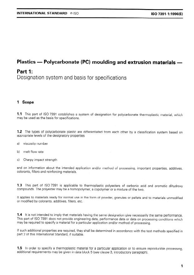 ISO 7391-1:1996 - Plastics -- Polycarbonate (PC) moulding and extrusion materials