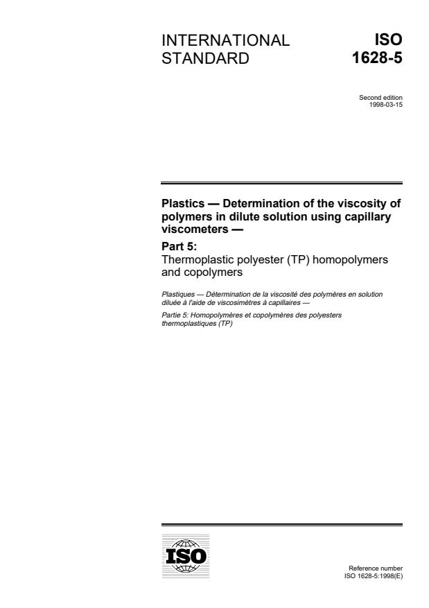 ISO 1628-5:1998 - Plastics -- Determination of the viscosity of polymers in dilute solution using capillary viscometers