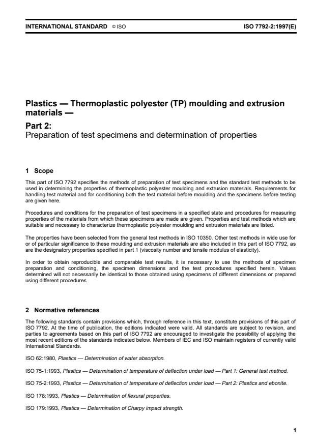 ISO 7792-2:1997 - Plastics -- Thermoplastic polyester (TP) moulding and extrusion materials