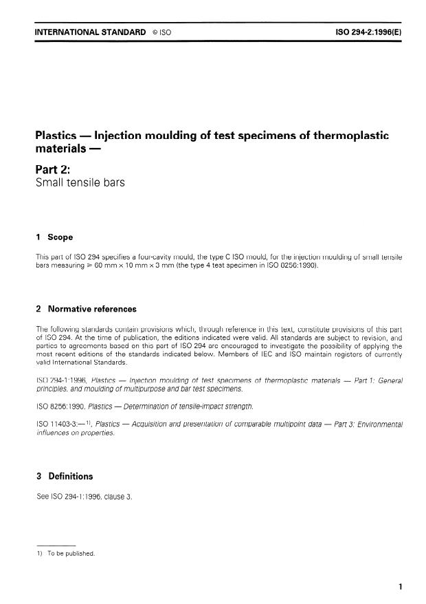 ISO 294-2:1996 - Plastics -- Injection moulding of test specimens of thermoplastic materials