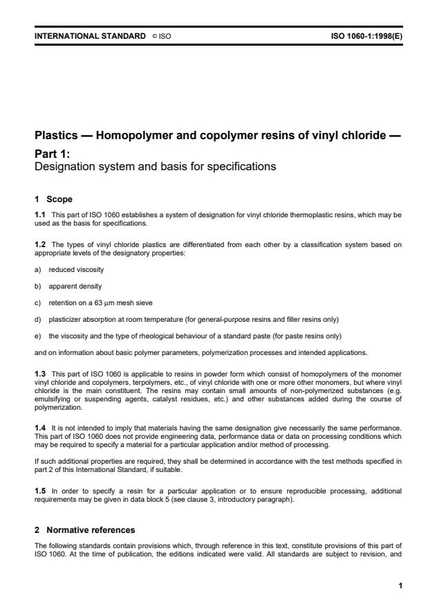 ISO 1060-1:1998 - Plastics -- Homopolymer and copolymer resins of vinyl chloride