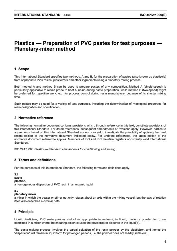 ISO 4612:1999 - Plastics -- Preparation of PVC pastes for test purposes -- Planetary-mixer method