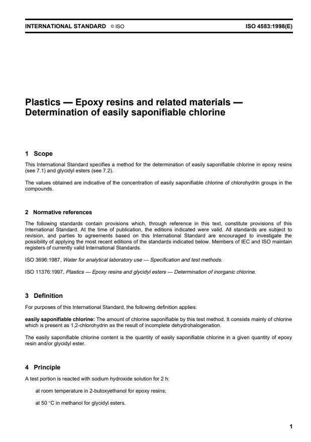 ISO 4583:1998 - Plastics -- Epoxy resins and related materials -- Determination of easily saponifiable chlorine