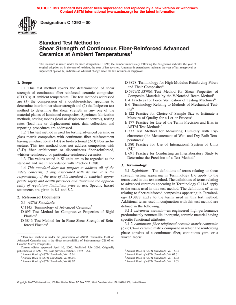 ASTM C1292-00 - Standard Test Method for Shear Strength of Continuous Fiber-Reinforced Advanced Ceramics at Ambient Temperatures