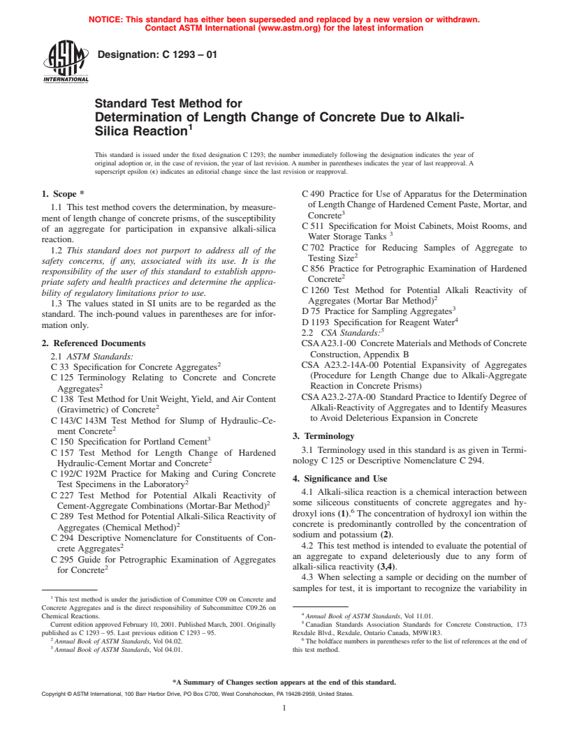 ASTM C1293-01 - Standard Test Method for Determination of Length Change of Concrete Due to Alkali-Silica Reaction