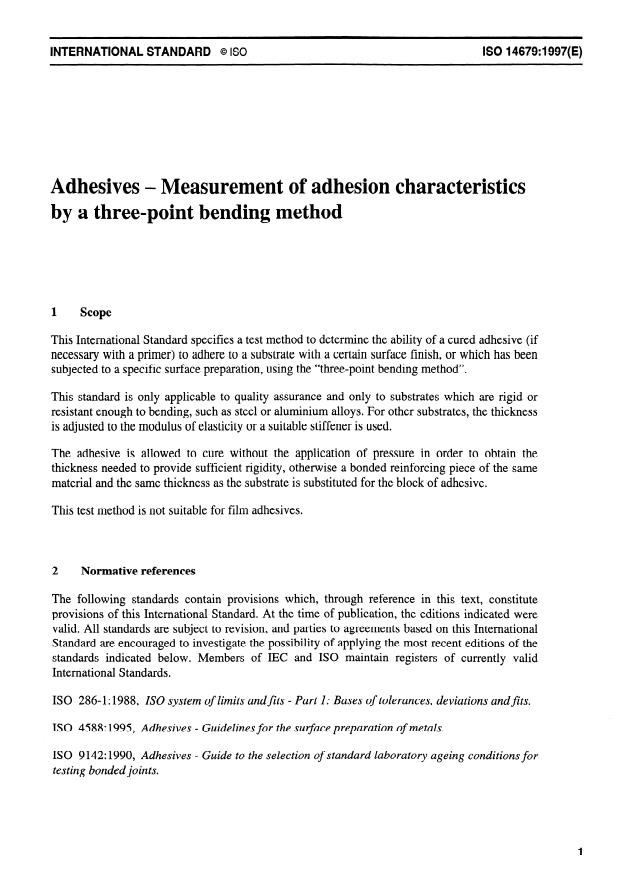 ISO 14679:1997 - Adhesives -- Measurement of adhesion characteristics by a three-point bending method