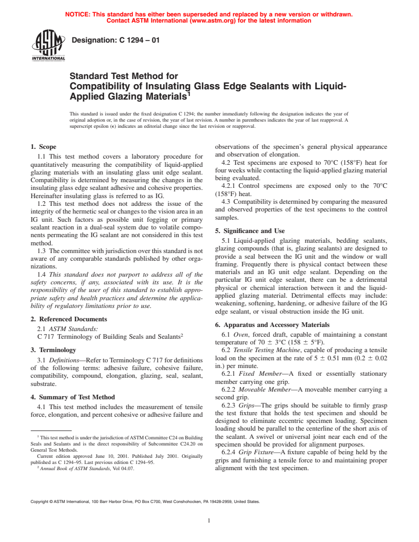 ASTM C1294-01 - Standard Test Method for Compatibility of Insulating Glass Edge Sealants with Liquid-Applied Glazing Materials