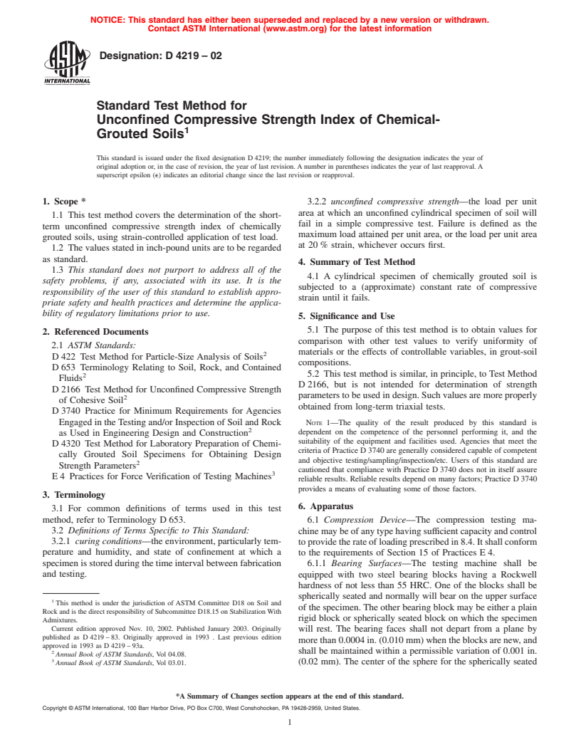 ASTM D4219-02 - Standard Test Method for Unconfined Compressive Strength Index of Chemical-Grouted Soils