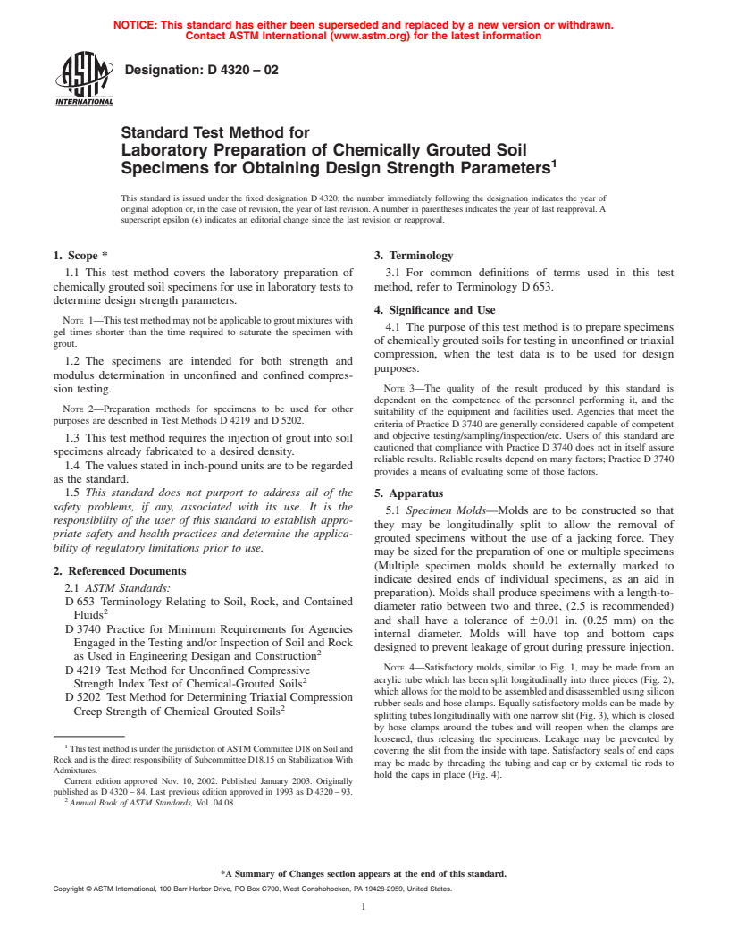 ASTM D4320-02 - Standard Test Method for Laboratory Preparation of Chemically Grouted Soil Specimens for Obtaining Design Strength Parameters