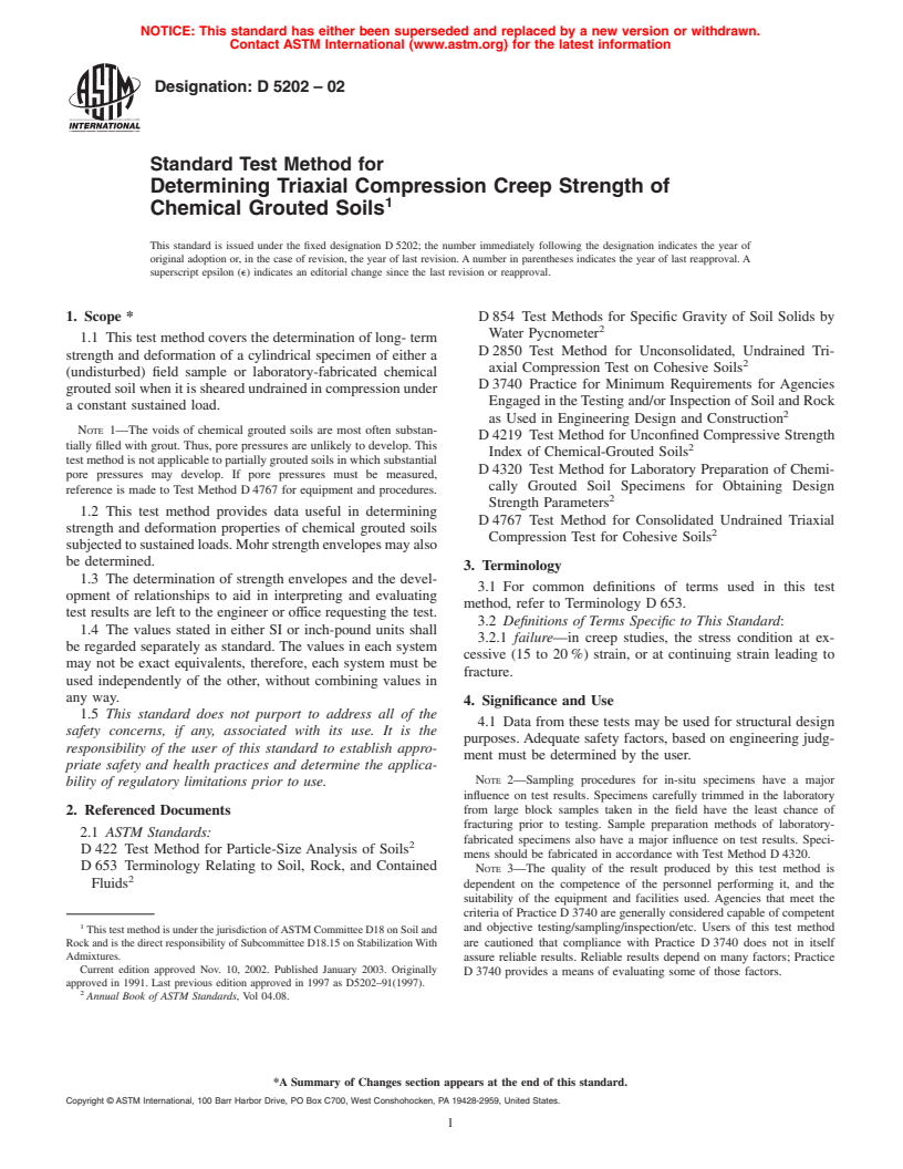 ASTM D5202-02 - Standard Test Method for Determining Triaxial Compression Creep Strength of Chemical Grouted Soils