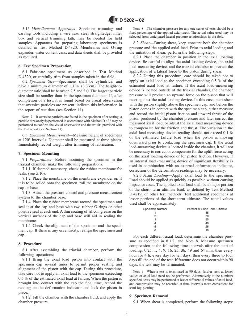 ASTM D5202-02 - Standard Test Method for Determining Triaxial Compression Creep Strength of Chemical Grouted Soils