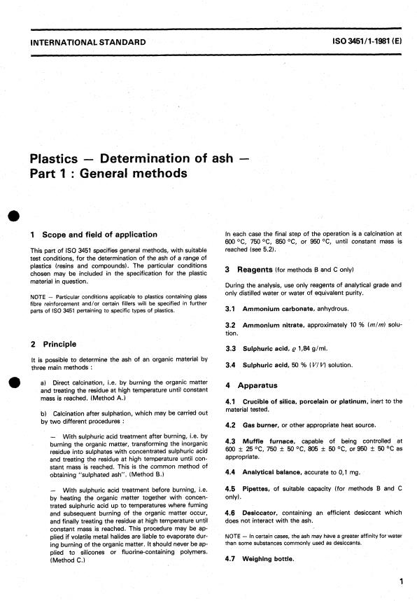 ISO 3451-1:1981 - Plastics -- Determination of ash