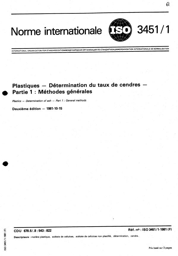 ISO 3451-1:1981 - Plastiques -- Détermination du taux de cendres