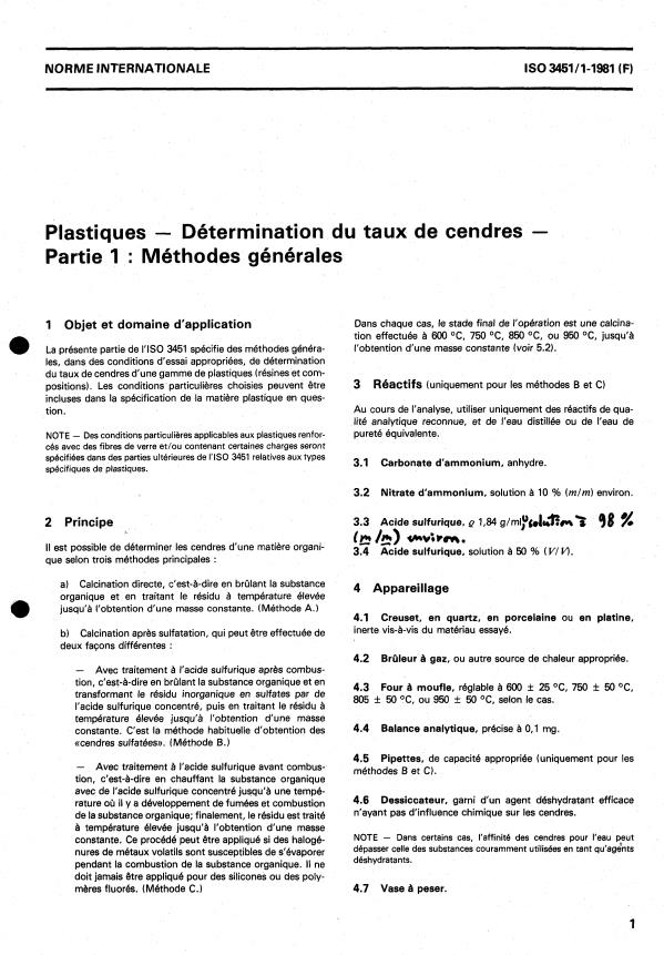 ISO 3451-1:1981 - Plastiques -- Détermination du taux de cendres