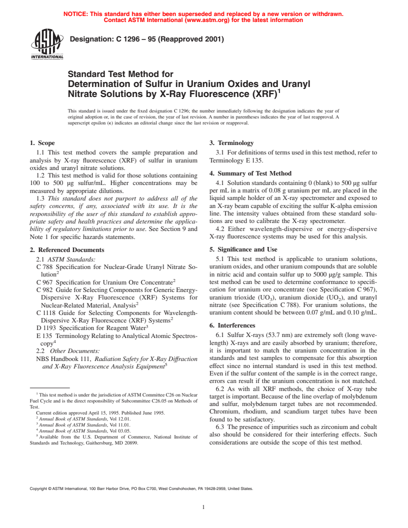 ASTM C1296-95(2001) - Standard Test Method for Determination of Sulfur in Uranium Oxides and Uranyl Nitrate Solutions by X-Ray Fluorescence (XRF)