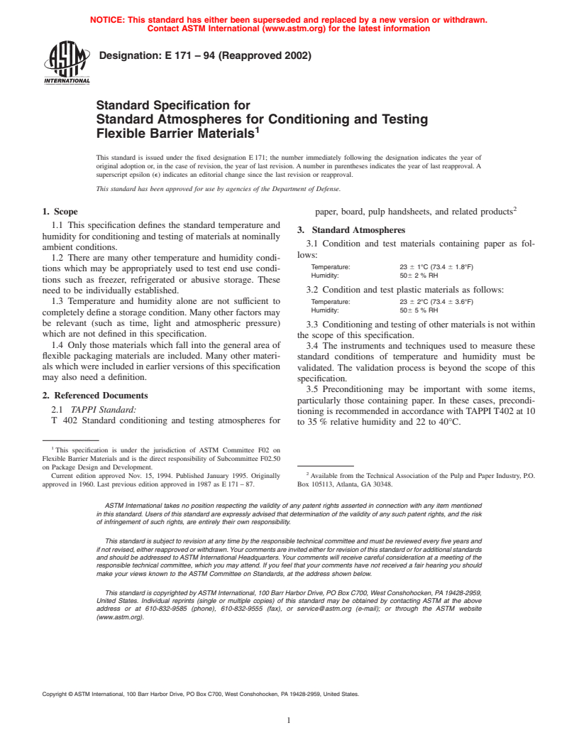 ASTM E171-94(2002) - Standard Specification for Standard Atmospheres for Conditioning and Testing Flexible Barrier Materials