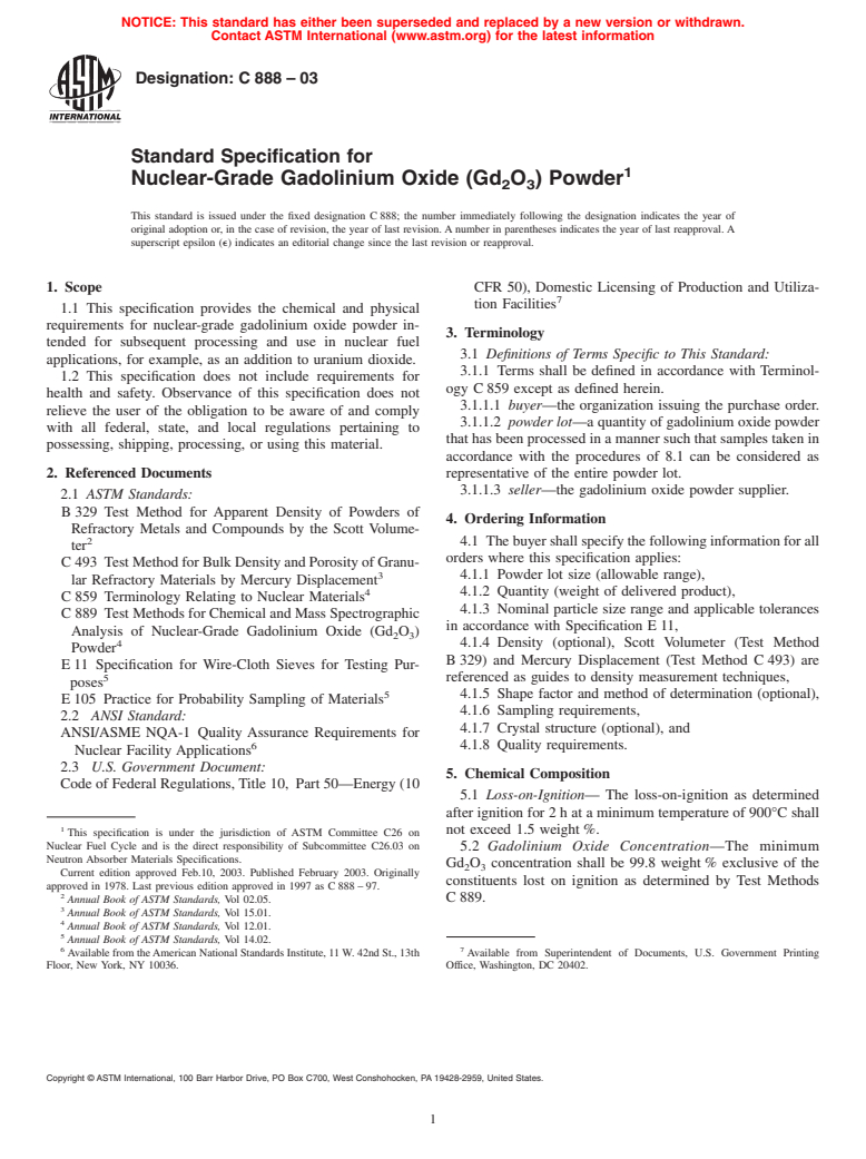 ASTM C888-03 - Standard Specification for Nuclear-Grade Gadolinium Oxide (Gd<sub>2</sub>O<sub>3</sub>) Powder