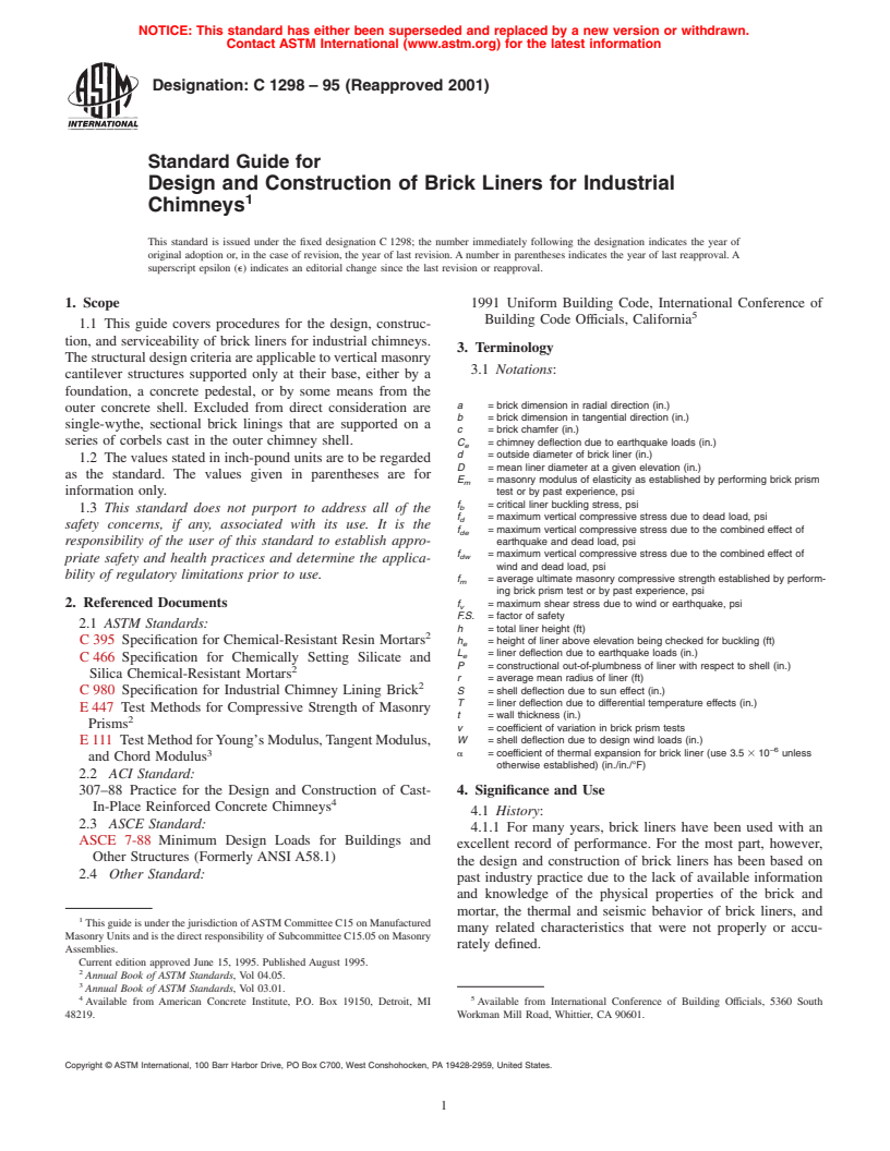 ASTM C1298-95(2001) - Standard Guide for the Design and Construction of Brick Liners for Industrial Chimneys
