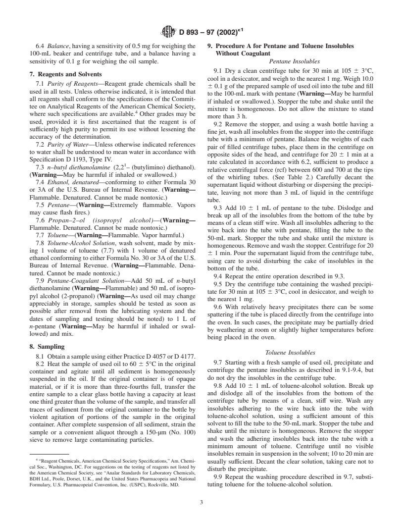 ASTM D893-97(2002)e1 - Standard Test Method for Insolubles In Used Lubricating Oils