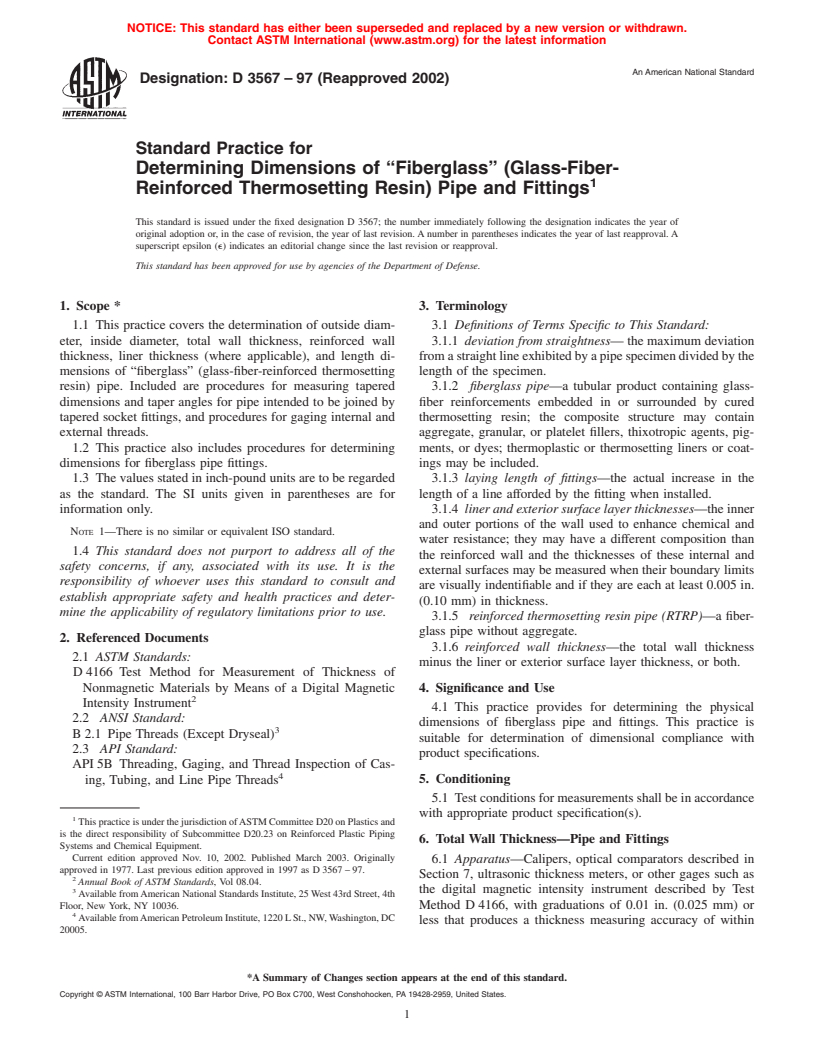 ASTM D3567-97(2002) - Standard Practice for Determining Dimensions of "Fiberglass" (Glass-Fiber-Reinforced Thermosetting Resin) Pipe and Fittings