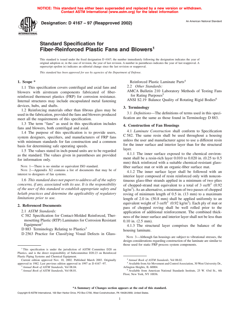 ASTM D4167-97(2002) - Standard Specification for Fiber-Reinforced Plastic Fans and Blowers