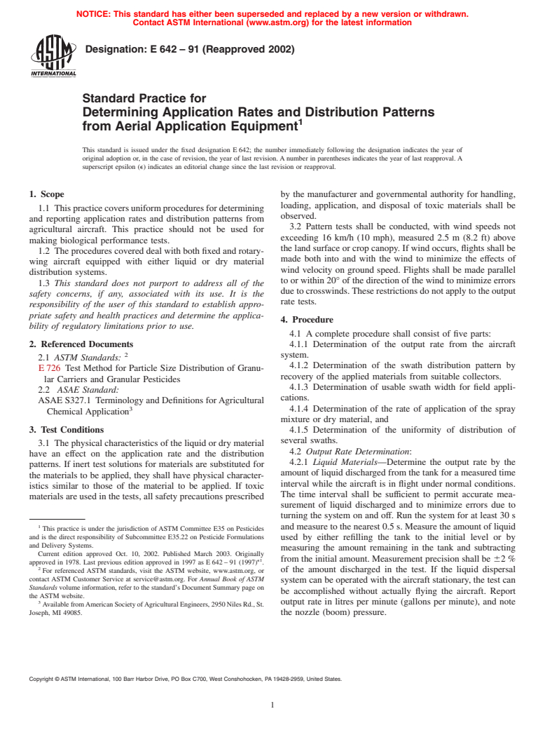 ASTM E642-91(2002) - Standard Practice for Determining Application Rates and Distribution Patterns from Aerial Application Equipment