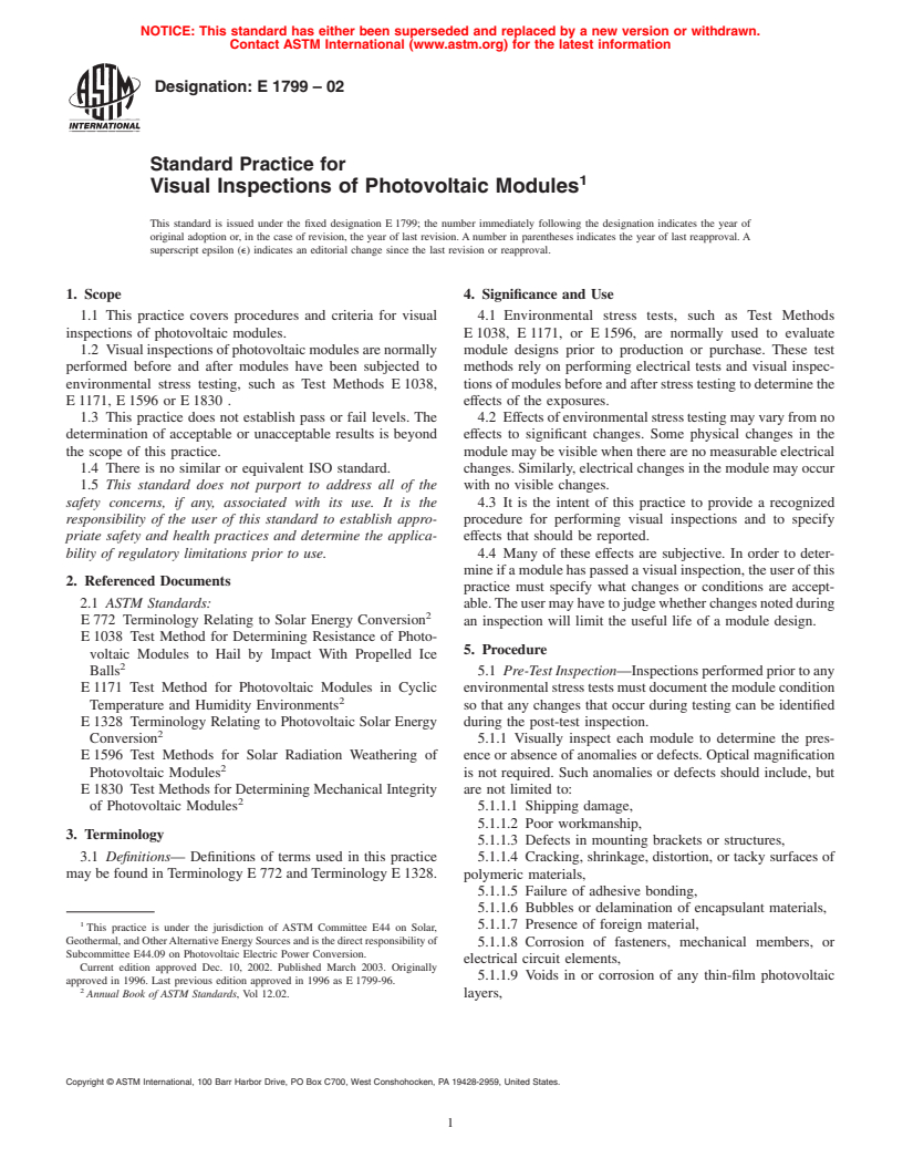 ASTM E1799-02 - Standard Practice for Visual Inspections of Photovoltaic Modules