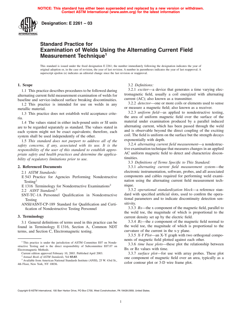 ASTM E2261-03 - Standard Practice for Examination of Welds Using the Alternating Current Field Measurement Technique