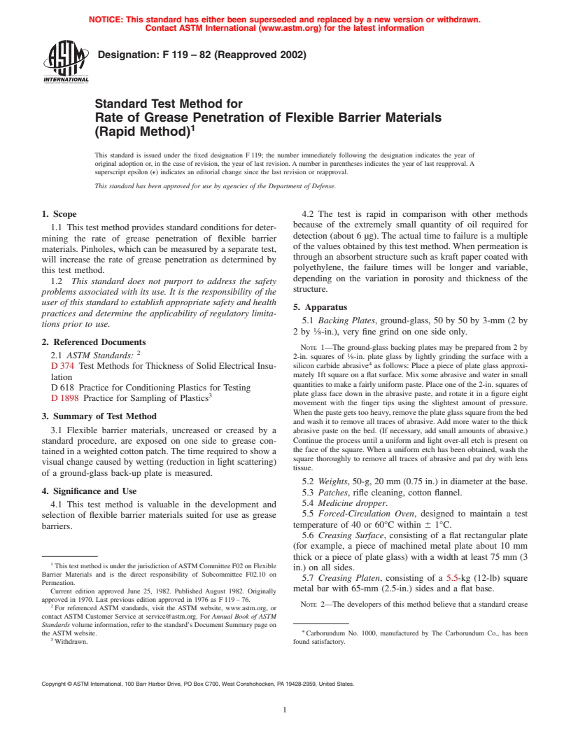 ASTM F119-82(2002) - Standard Test Method for Rate of Grease Penetration of Flexible Barrier Materials (Rapid Method)