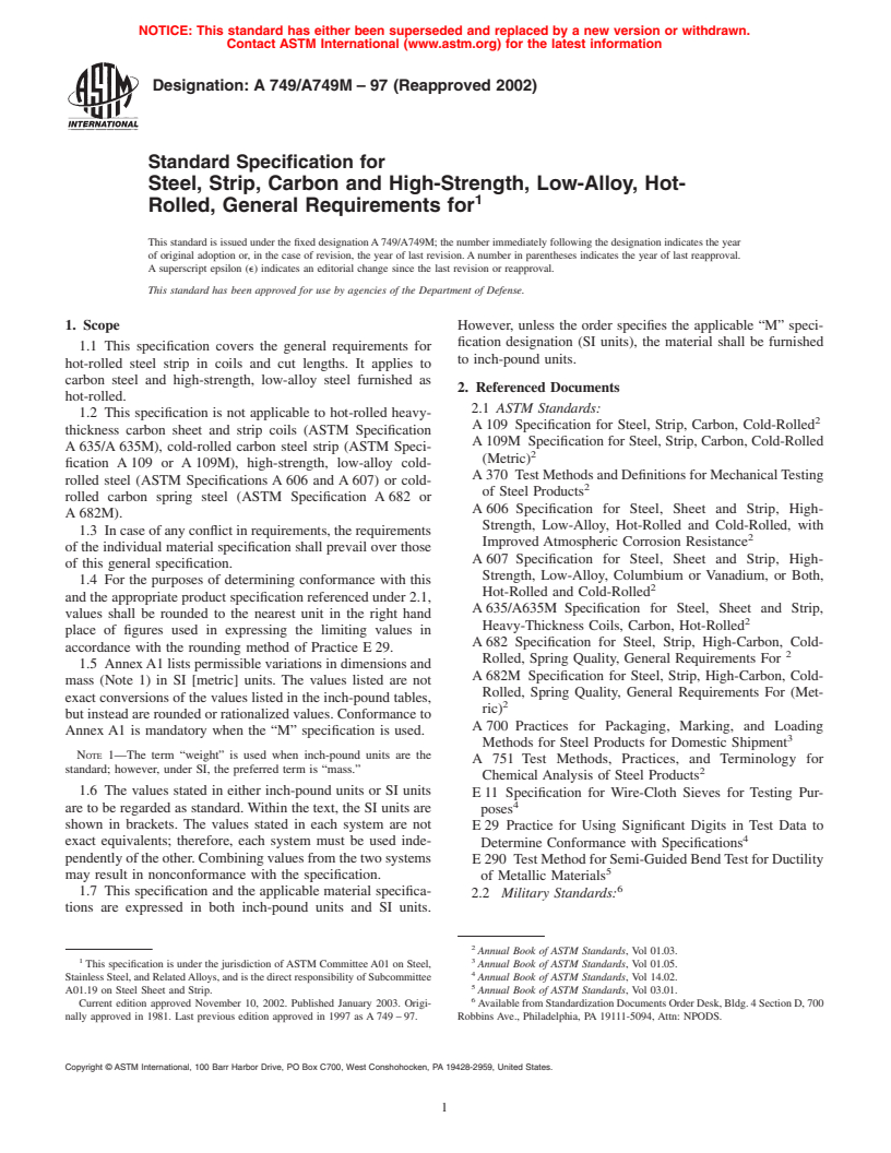 ASTM A749/A749M-97(2002) - Standard Specification for Steel, Strip, Carbon and High-Strength, Low-Alloy, Hot-Rolled, General Requirements for