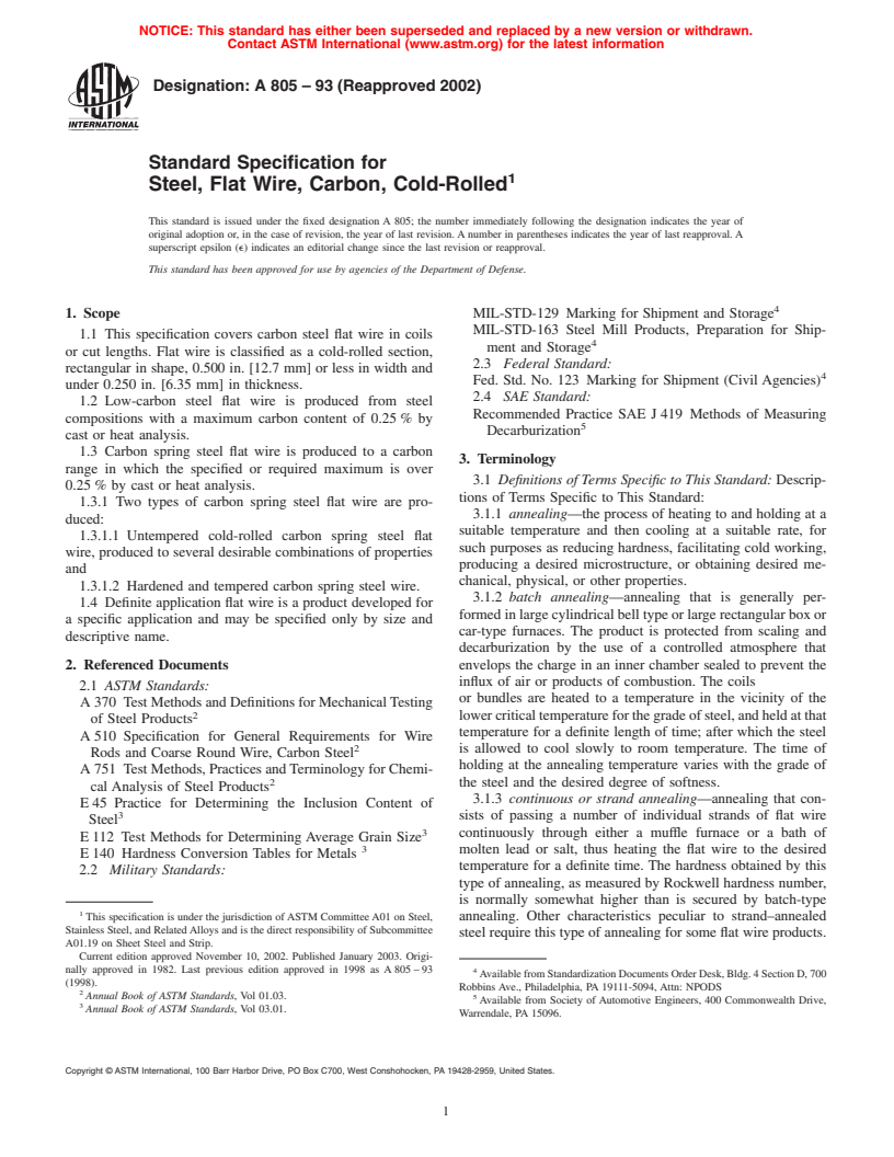 ASTM A805-93(2002) - Standard Specification for Steel, Flat Wire, Carbon, Cold-Rolled