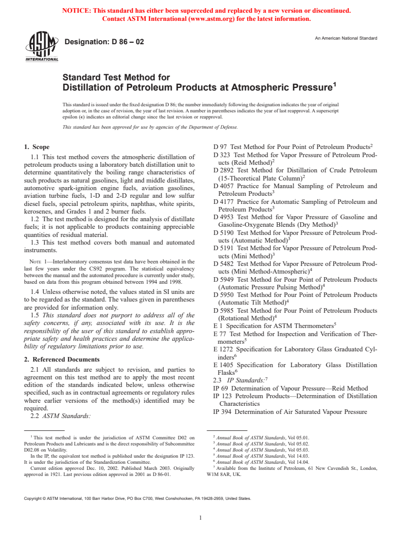 ASTM D86-02 - Standard Test Method for Distillation of Petroleum Products at Atmospheric Pressure
