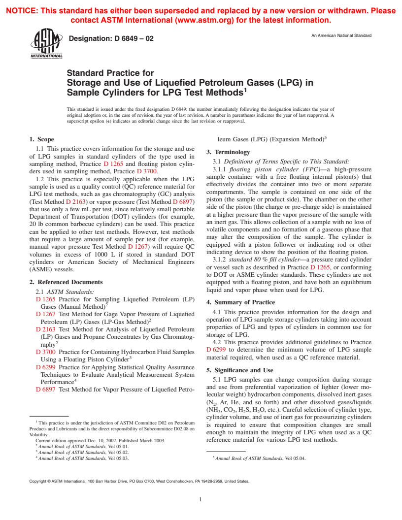 ASTM D6849-02 - Standard Practice for Storage and Use of Liquefied Petroleum Gases (LPG) in Sample Cylinders for LPG Test Methods