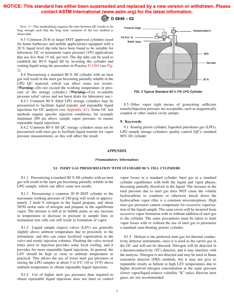 ASTM D6849-02 - Standard Practice for Storage and Use of Liquefied Petroleum Gases (LPG) in Sample Cylinders for LPG Test Methods