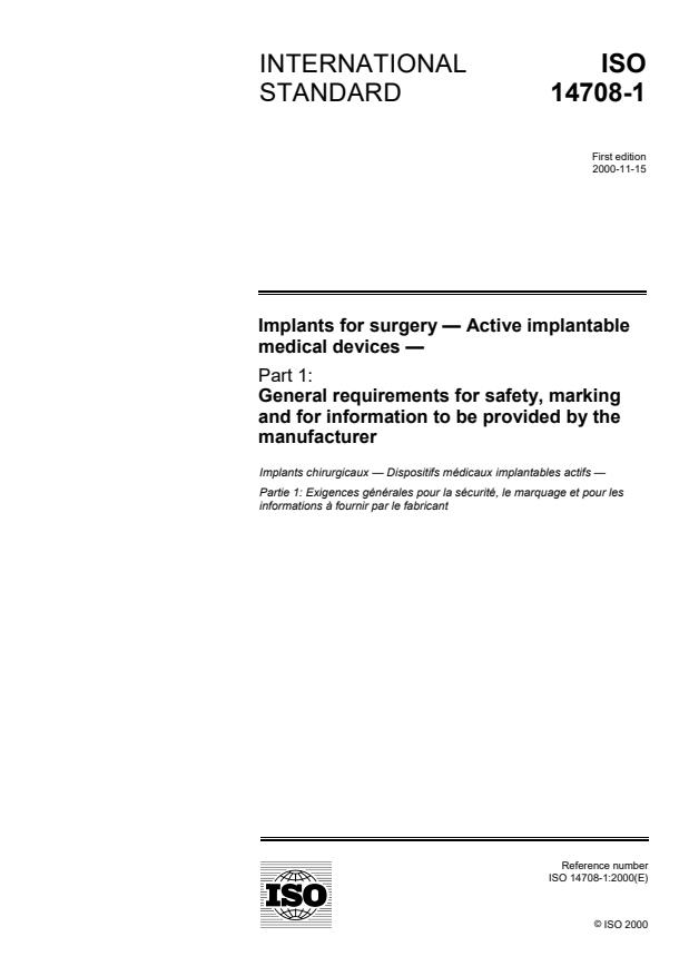 ISO 14708-1:2000 - Implants for surgery -- Active implantable medical devices