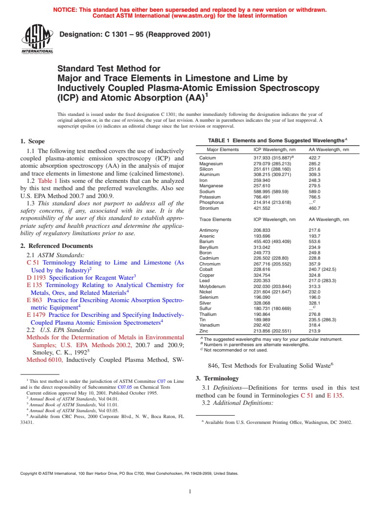 ASTM C1301-95(2001) - Standard Test Method for Major and Trace Elements in Limestone and Lime by Inductively Coupled Plasma-Atomic Emission Spectroscopy (ICP) and Atomic Absorption (AA)