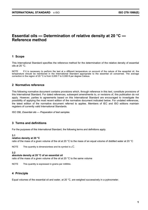 ISO 279:1998 - Essential oils -- Determination of relative density at 20 degrees C -- Reference method