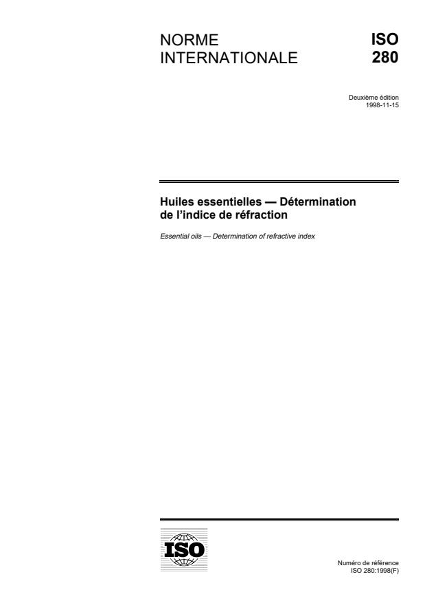 ISO 280:1998 - Huiles essentielles -- Détermination de l'indice de réfraction