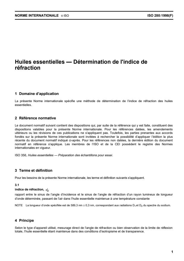 ISO 280:1998 - Huiles essentielles -- Détermination de l'indice de réfraction