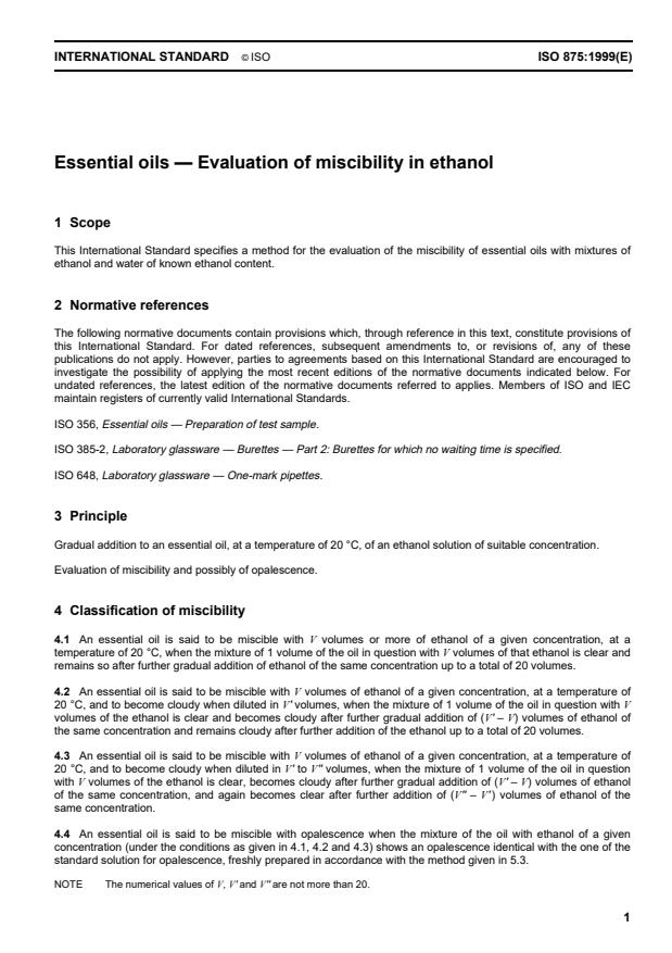 ISO 875:1999 - Essential oils -- Evaluation of miscibility in ethanol
